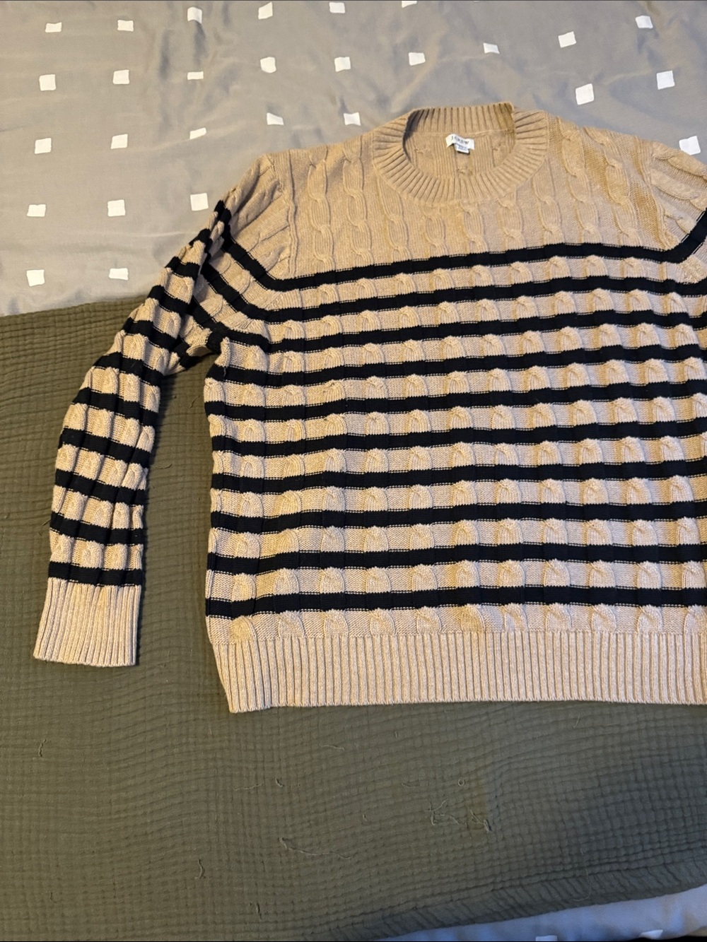 J. Crew Factory Beige and Black Striped Cable Knit Crewneck Sweater